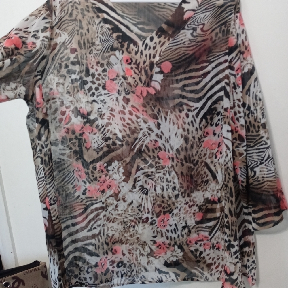 Kim by Kim Rogers Cheetah print pullover sheer Beach cover up tunic long sleeve - Picture 5 of 7